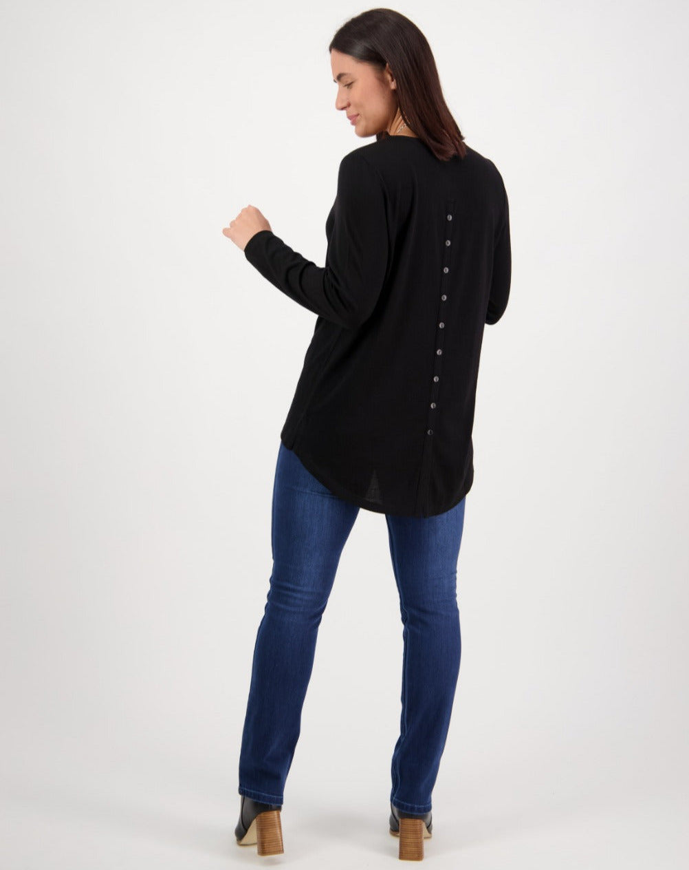 MERINO LONG SLEEVE TOP WITH BACK BUTTON PLACKET
