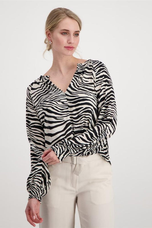 SMOCKED ZEBRA PATTERN BLOUSE