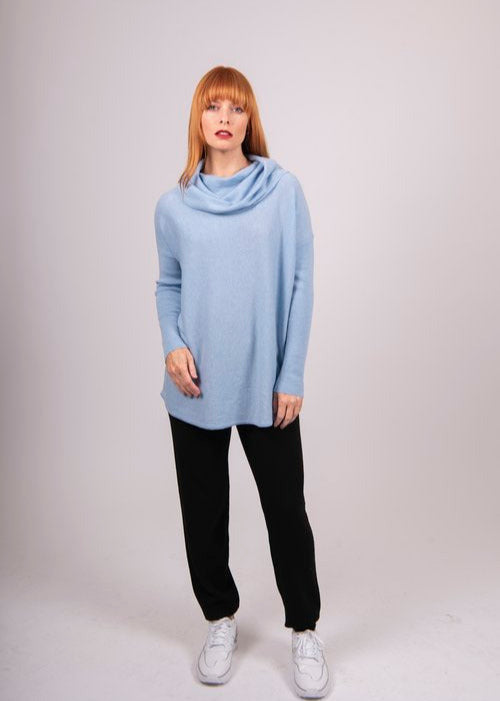 KYLIE CURVED HEM COWL NECK KNIT - SKY BLUE