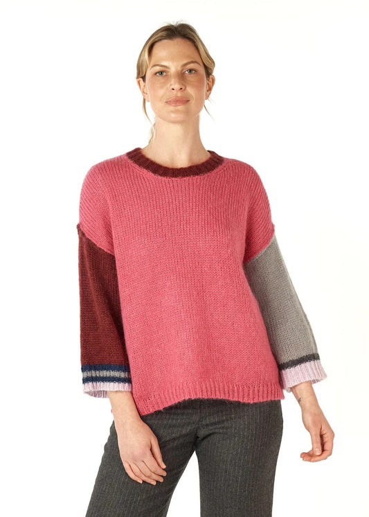 MOHAIR COLOUR BLOCK JUMPER- ROUGE